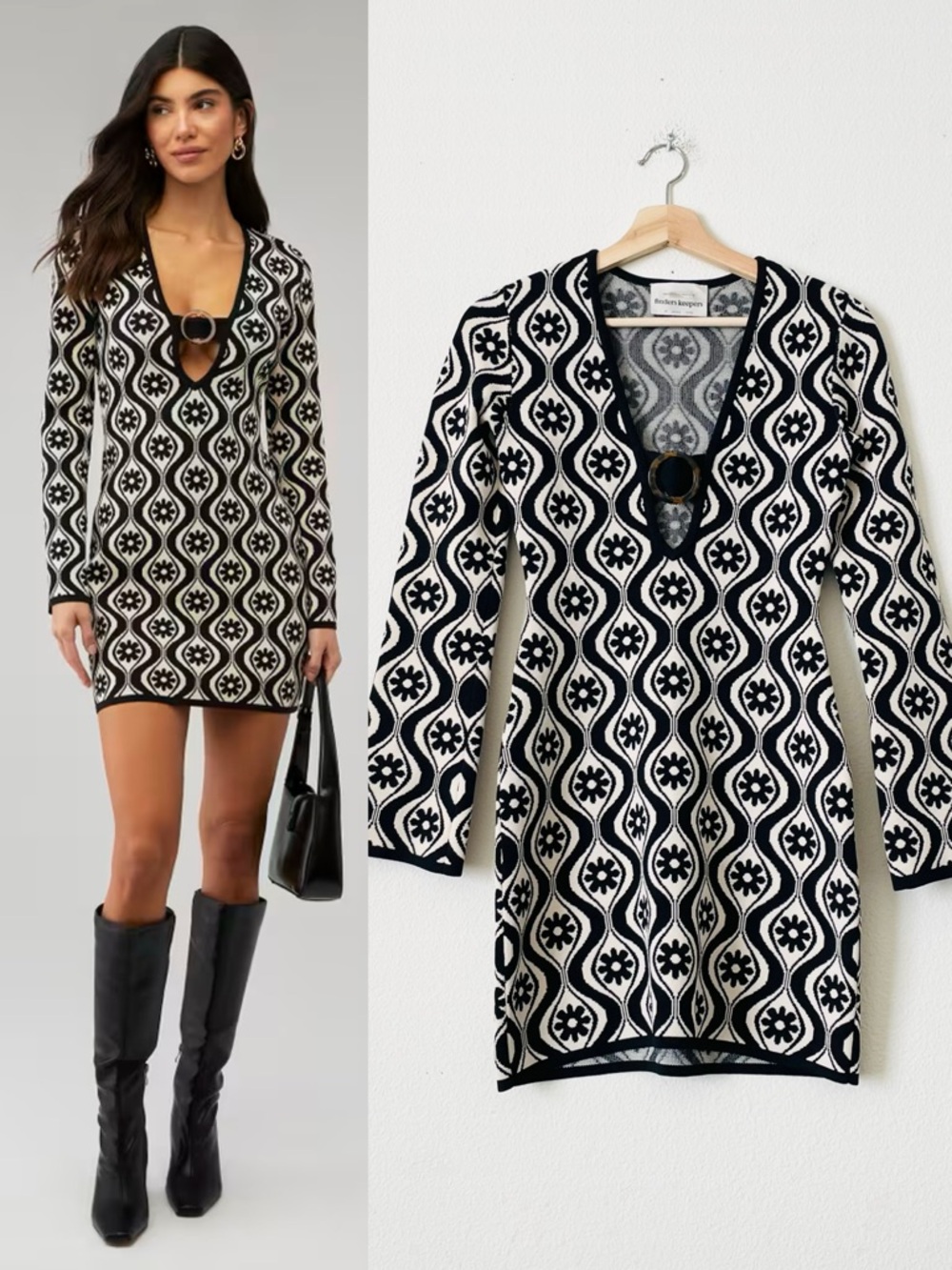 Finders Keepers XS Quinn black and cream retro floral long sleeve knit dress
